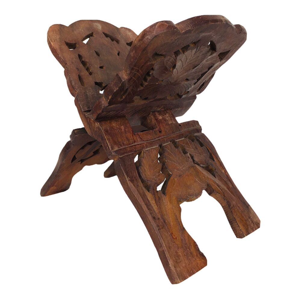 Vintage 70s Bohemian Hand Carved Teak Wood Collapsible Folding Book Holder Stand